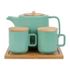 Jardin D'Ulysse Coffret Théière Avec 2 Mugs En Porceliane Vert D'eau Et Son Plateau - Eliska
