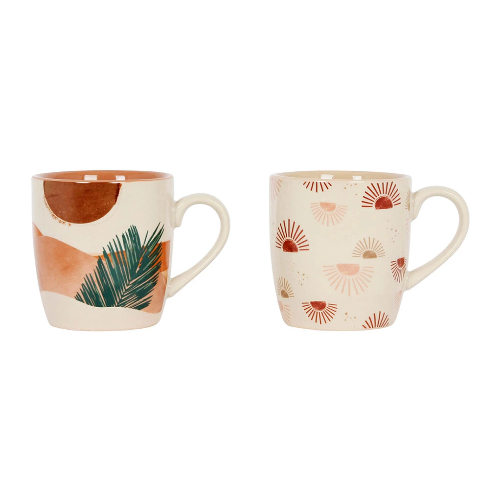 SEMA DESIGN Mugs X2 Terracotta Et Vert 30cl En Porcelaine - Sweet Leaves