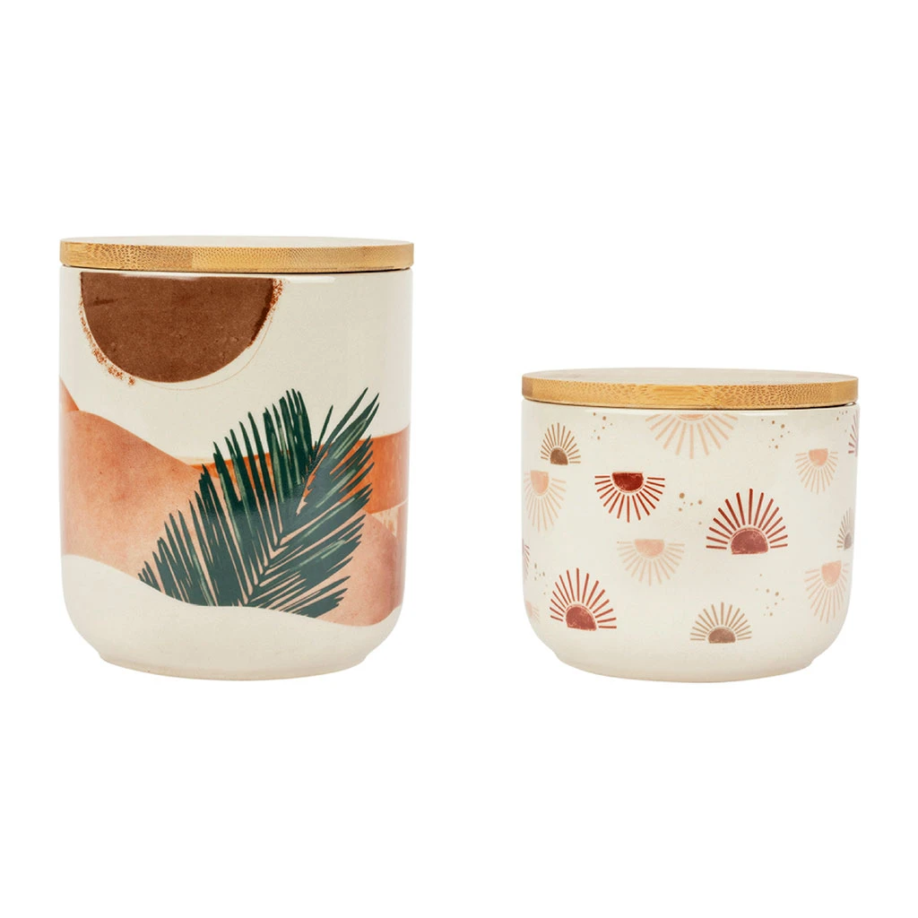 SEMA DESIGN Pots X2 Terracotta Et Vert En Porcelaine Avec Couvercle En Bambou - Sweet Leaves