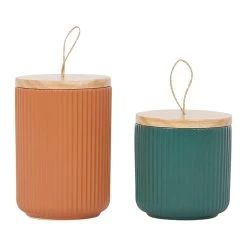 SEMA DESIGN Pots X2 Avec Couvercle En Bois Terracotta Et émeraude En Grès - Sweet Leaves