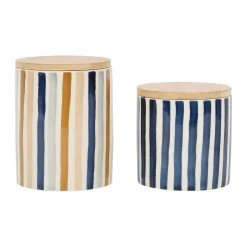 SEMA DESIGN Pot X2 Avec Couvercle En Bambou Rayé Bleu Et Beige En Grès - Blue Sand